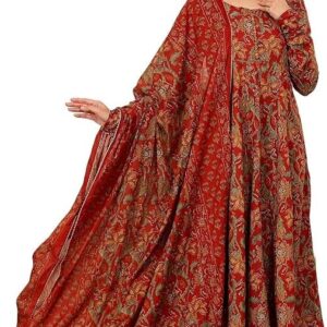 Traditional Anarkali Kurta Set with Pants and Dupatta, Rayon, Plain & Floral Print, 3/4 Sleeve